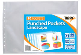 Tiger Multi Punched Pocket Polypropylene A3 45 Micron Top Opening Landscape Clear (Pack 10) - 301245