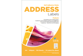 Think Self Adhesive Matte Address Labels - 14 Labels per A4 Sheet - 100 Sheets - 140gsm