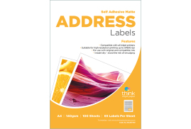 Think Self Adhesive Matte Address Labels - 65 Labels per A4 Sheet - 100 Sheets - 140gsm