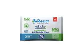 React 2 in 1 Biodegradable Anti-Bacterial Wipes - Pack of 60 wipes