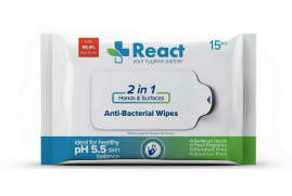 React 2 in 1 Biodegradable Anti-Bacterial Wipes - Pack of 15 wipes